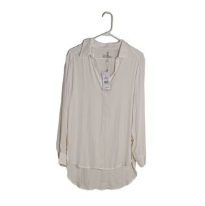 NWT Cupio Women's Cream Long Sleeve Flowy Soft V-Neck Gold Bottons Blous…